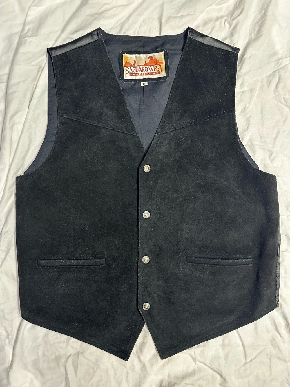 Saguaro West Men's Med Black Suede Vest Western Metal Seal Of Oklahoma Buttons